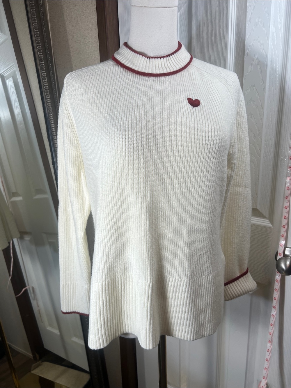 a new day Cream Ribbed Turtleneck Sweater with Maroon Trim and Heart